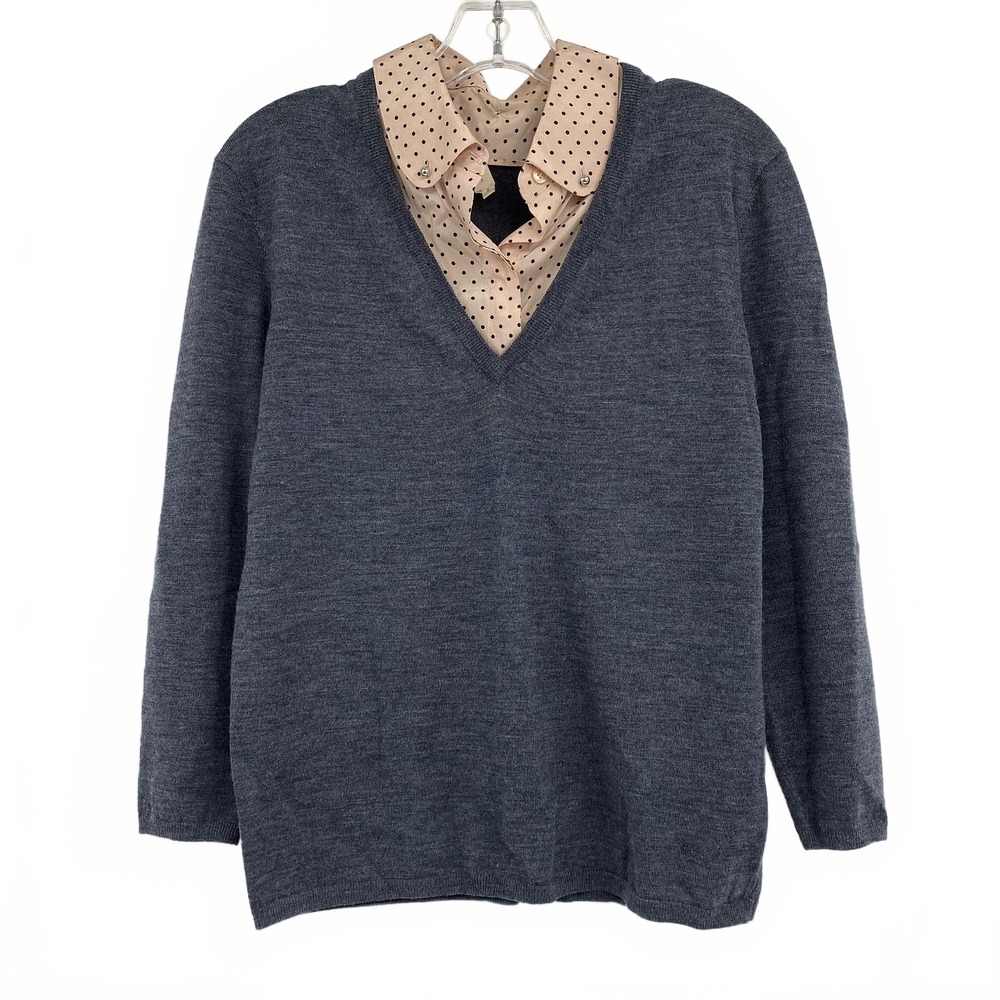 Tory Burch Grey Beige V-Neck Sweater Polka Dot Collar | Womens M